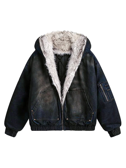 Stylish Washed Denim Jacket with Cozy Fur Hood