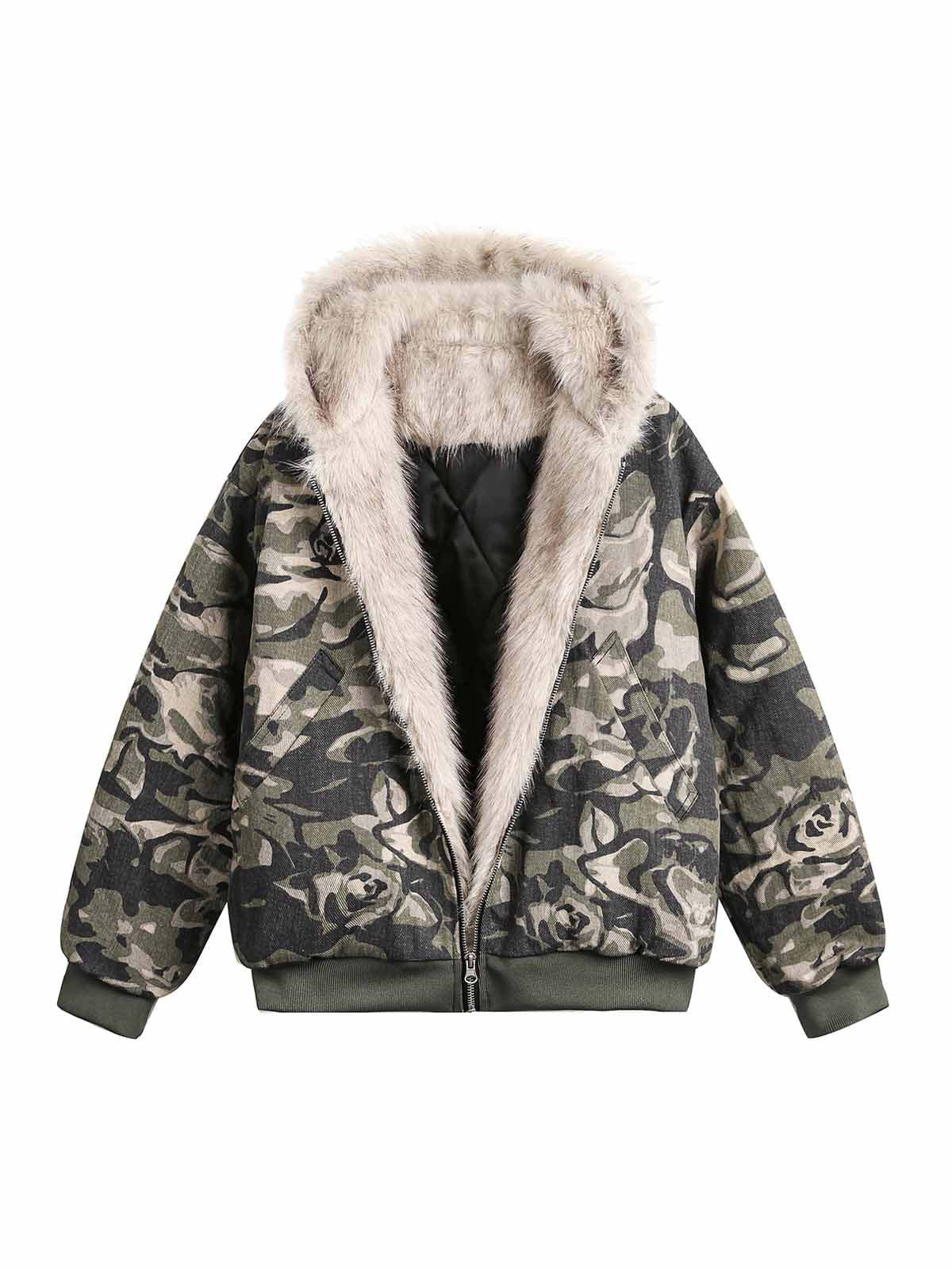 Stylish Camouflage Fur-Lined Hooded Jacket