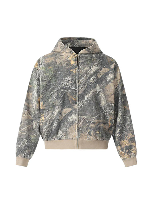 Stylish Camouflage Wood Print Hooded Jacket