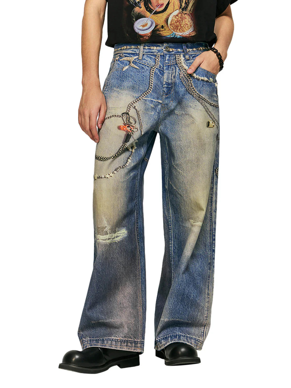 Washed Keychain Printed Baggy Jeans