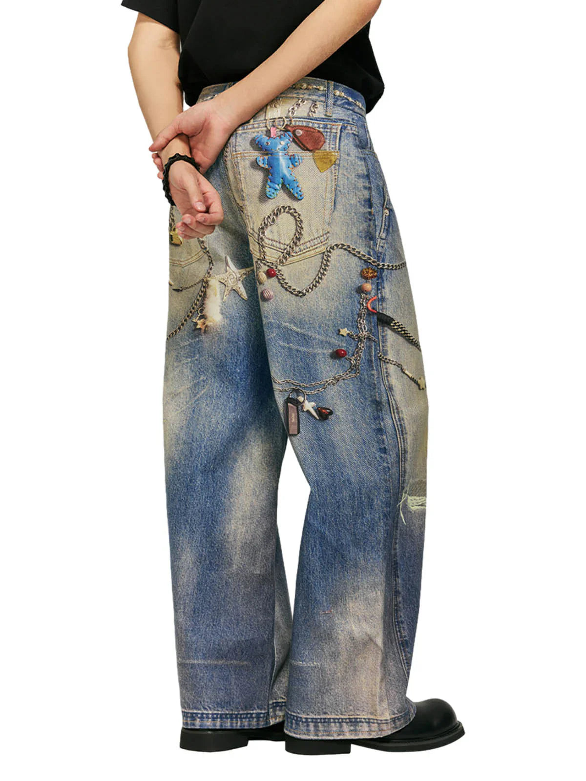 Washed Keychain Printed Baggy Jeans