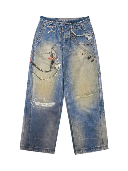 Washed Keychain Printed Baggy Jeans