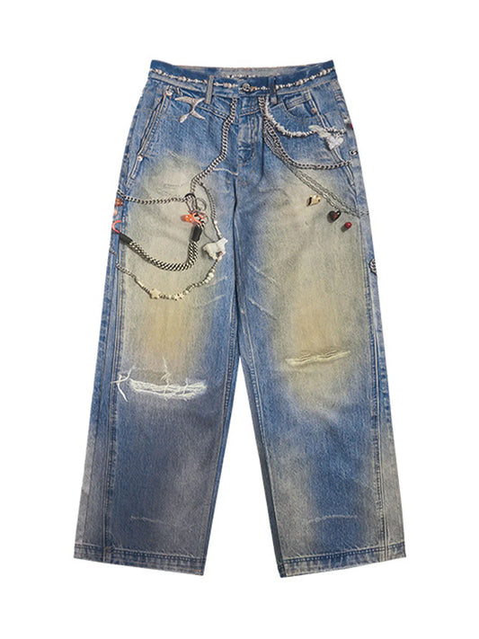 Washed Keychain Printed Baggy Jeans