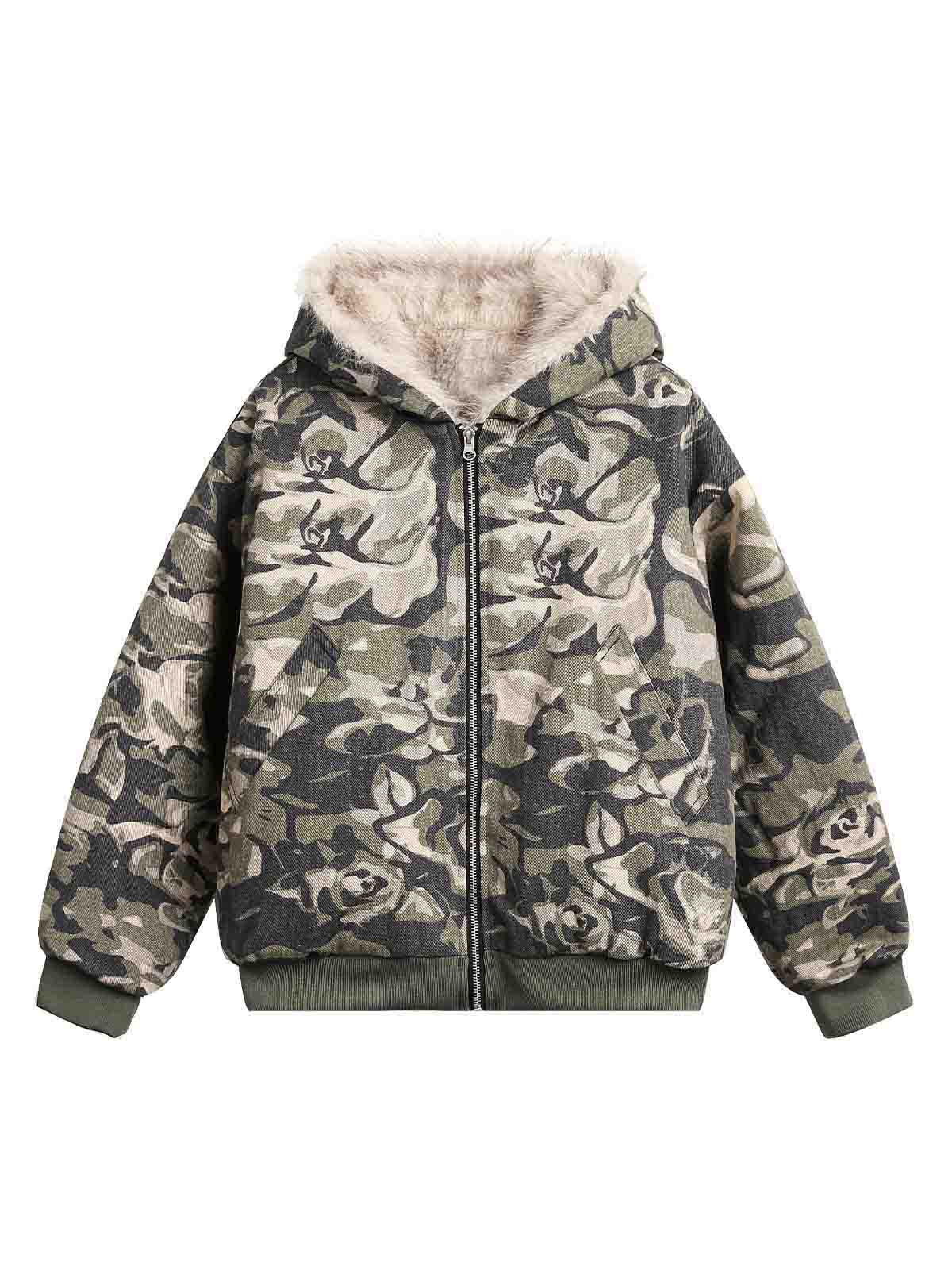 Stylish Camouflage Fur-Lined Hooded Jacket