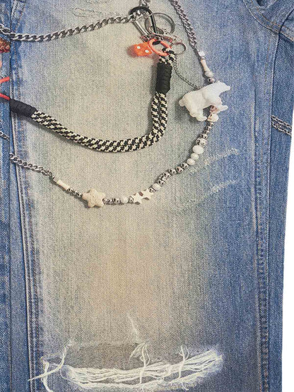 Washed Keychain Printed Baggy Jeans